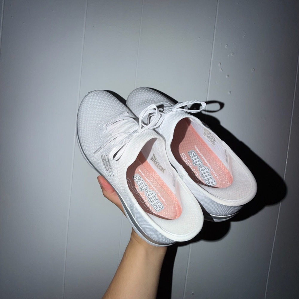 Women Skechers White and Silver Slip-On Trainer - Picture 3 of 8